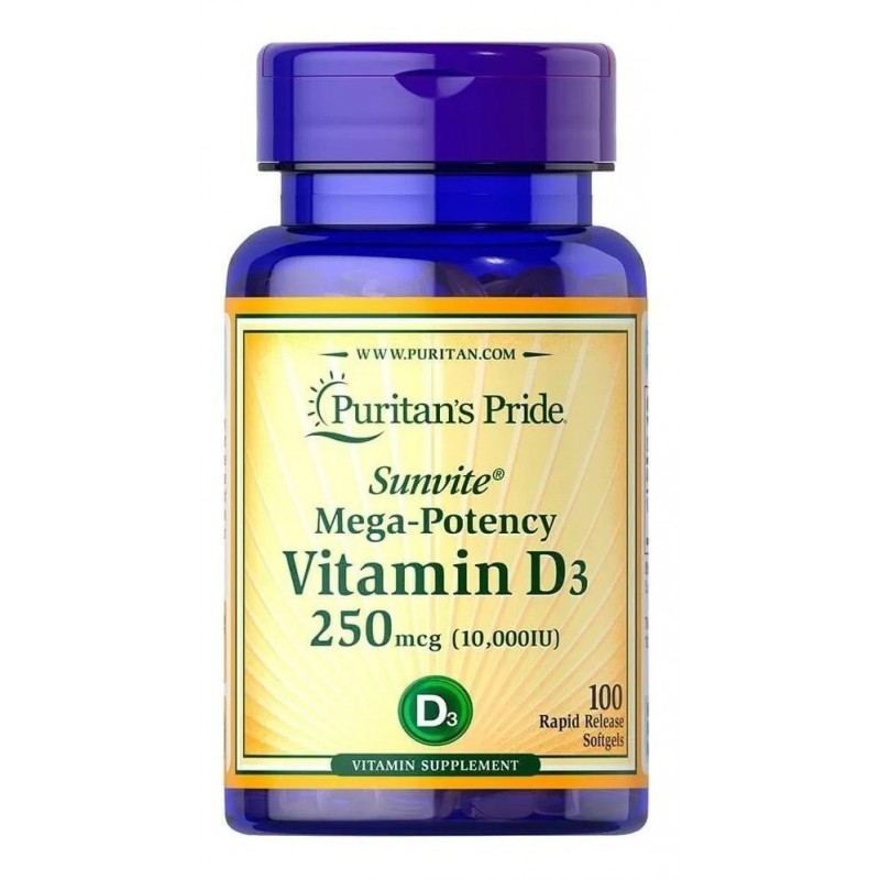 Puritan Pride Vitamina D3 10.000 IU (250 mcg) - 100 Capsule BENEFICII VITAMINA D3: mentine sanatatea oaselor, amelioreaza mai mu