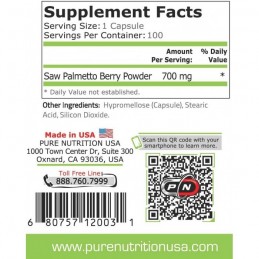 Pure Nutrition USA Saw Palmetto 700 mg 100 Capsule, pentru prostata Beneficii Saw Palmetto: diminueaza hiperplazia benigna de pr