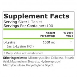 Pure Nutrition USA L-Lizina, L-Lysine, 1000 mg, 100 Tablete L-Lizina beneficii: imbunatateste focalizarea si concentrarea, menti