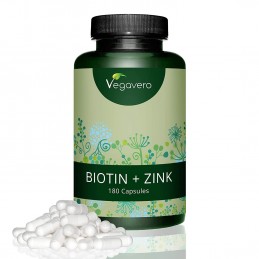 Vegavero Biotina 10.000 mcg + Zinc, 180 Capsule Beneficii Biotina + Zinc: promoveaza sanatatea pielii, parului si a unghiilor, s