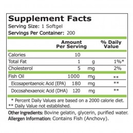 Omega 3, 1000mg, 200 Gelule, 180 EPA si 120 DHA, Ulei de peste- Pure Nutrition USA Beneficiile Omega 3 ulei de peste: ofera un r