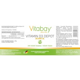 Vitabay Vitamina D3 - 20.000 UI - 240 Tablete vegane Beneficii Vitamina D3: ajuta la mentinerea sanatatii oaselor, suport pentru