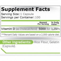 Vitamina D3 5000 ui, 100 capsule, ajuta la mentinerea sanatatii oaselor, suport pentru sistemul imunitar Beneficii Vitamina D3: 