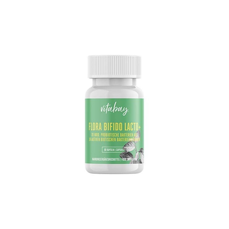 Vitabay Flora Bifido Lacto+, 14 tipuri de bacterii, 5 miliarde CFU 60 Capsule Beneficii Flora Bifido Lacto+: Suplimentul nutriți