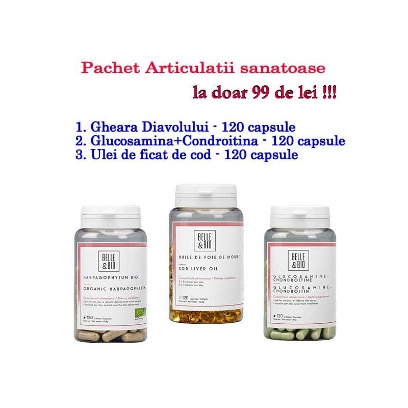 Pachet Articulatii sanatoase Beneficii Glucosamina-Condroitina: contine Glucozamina, Condroitina, cartilaj de rechin si Extras d