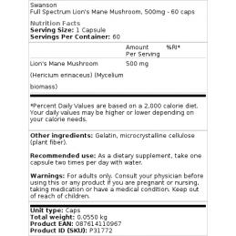 Swanson Full Spectrum Lion’s Mane Mushroom (ciuperca Coama Leului), 500 mg, 60 capsule Beneficii Coama leului- nootropic, bun an