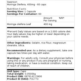 Moringa Oleifera, 400 mg, 60 Capsule, Contine antioxidanti si compusi antiinflamatori, echilibreaza hormonii Beneficii Moringa O