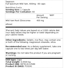 Swanson Full Spectrum Wild Yam (ignama salbatica), 400mg 60 Capsule Beneficii ignama salbatica (Wild Yam)- poate stimula product