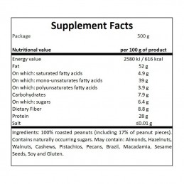 100% Unt de arahide 500g (crocant) Proprietati- Bogat in proteine, Nu contine sare, Nu contine zahar adaugat, 100% arahide praji