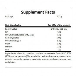 Crema proteica de ciocolata crocanta, 500g PROPRIETATI- continut ridicat de proteine, ​continut scazut de carbohidrati, fara zah