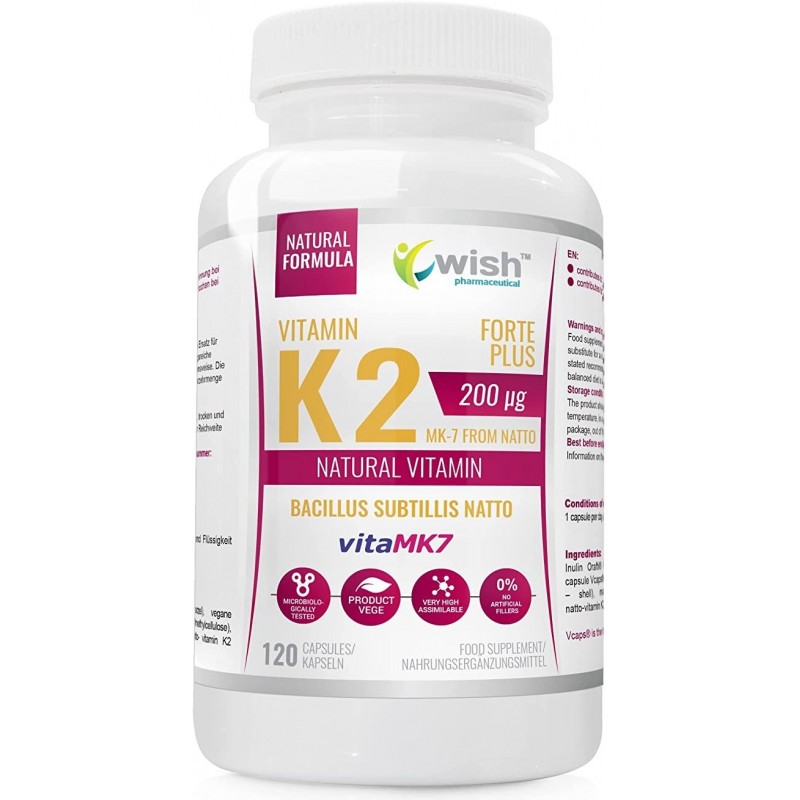 Wish Vitamin K2 Mk-7 Natto 200mcg - 120 Capsule BENEFICII VITAMINA K2 MK7- sustine sanatatea oaselor, promoveaza o buna circulat