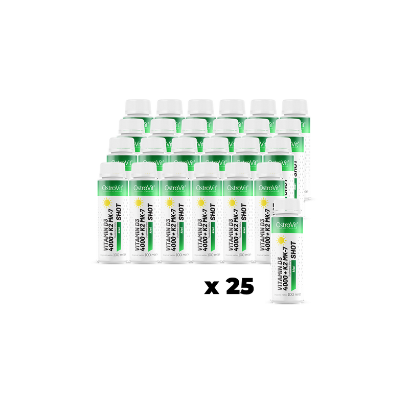 Vitamin D3 4000 + K2 MK-7 Shot 25 x 100 ml, sursa de vitamina K2 MK-7 OstroVit Vitamin D3 4000 + K2 MK-7 SHOT este un set de dou