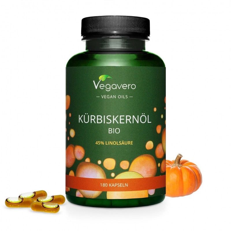 Vegavero Organic Pumpkin Seed Oil 500mg, 180 Capsule (Ulei din seminte de dovleac) Beneficii Ulei Seminte dovleac: mentine prost